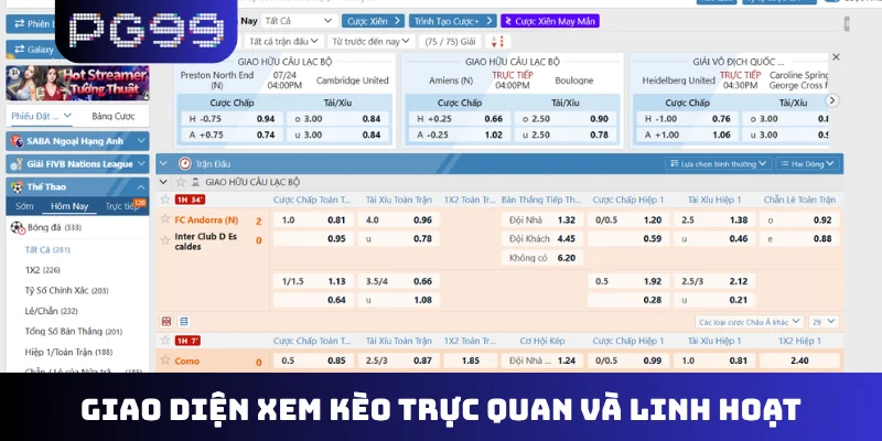 Giao diện xem kèo trực quan và linh hoạt